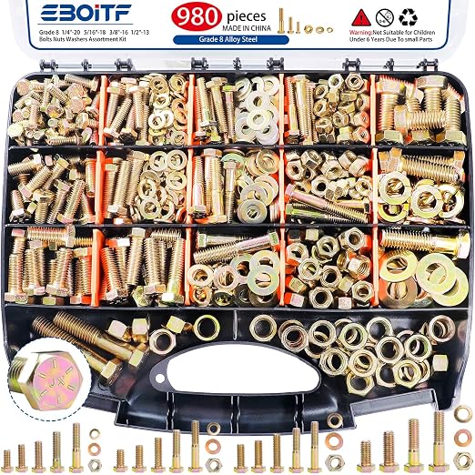 980cs Grade 8 SAE Bolts and Nuts Assortment Kit, 1/4-20, 5/16-18, 3/8-16, 1/2-13 Heavy Duty Hex Bolts and Nuts Kit, Assorted Nuts, Bolts, Flat & Lock Washers, Yellow Zinc Plated, Length from 1/2"-2"