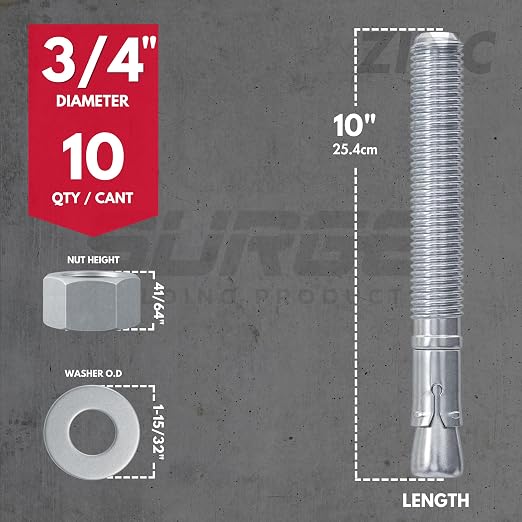 3/4" x 10" Zinc-Plated Wedge Anchors for Concrete and Cement | Heavy-Duty 3/4 Concrete Anchors (Box of 10)