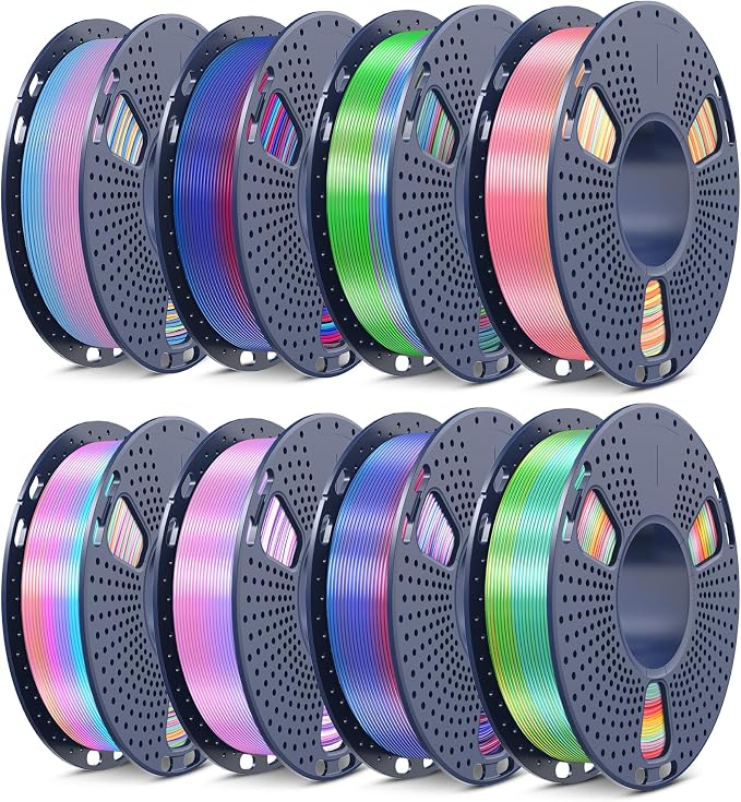 SUNLU 3D Printer Filament Bundle, PLA+ Silk Rainbow Filament Multicolor 1.75mm, Individually Vacuum Packed, 250G Spool, 8 Rolls, 2kg in Total, 8 Rainbow Color, Suit for Christmas Print