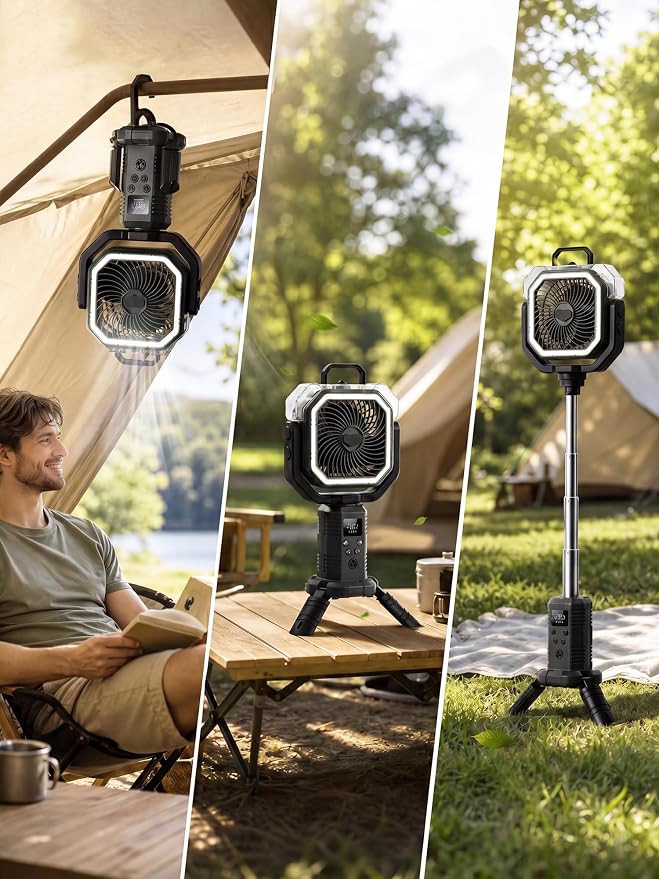 Portable Misting Fan, Rechargeable Camping Fan with 400ml Tank, 20000mAh Battery, Remote Control, LED Light, 4 Speeds, Oscillating Outdoor Fan for Tent, Patio, Beach, RV, Garage, Indoor Outdoor, Black