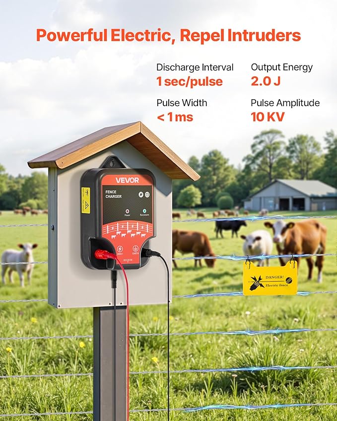 VEVOR Electric Fence Charger, 10kV 2J, AC DC Electric Fence Energizer with LED Indicator, 1.86 Miles Range, Powerful Plug-in Fences Charger, Prevents Wild Animals Intrusion for Livestock Poultry