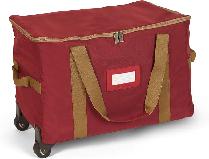 Covermates Keepsakes Rolling Treasurekeeper Storage Bag – Heavy-Duty Polyester with Dual Wheels & Handles – Protects Holiday Decorations with ID Window & Dual Zipper Access, Red