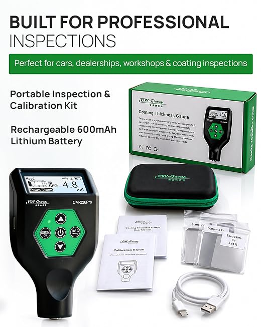 Paint Thickness Gauge CM-226Pro with Bluetooth App for iOS & Android, Rechargeable Coating Thickness Tester for Cars, Fe/NFe/Fe+Zn Detection, Car & Normal Modes, Auto Body Paint Meter