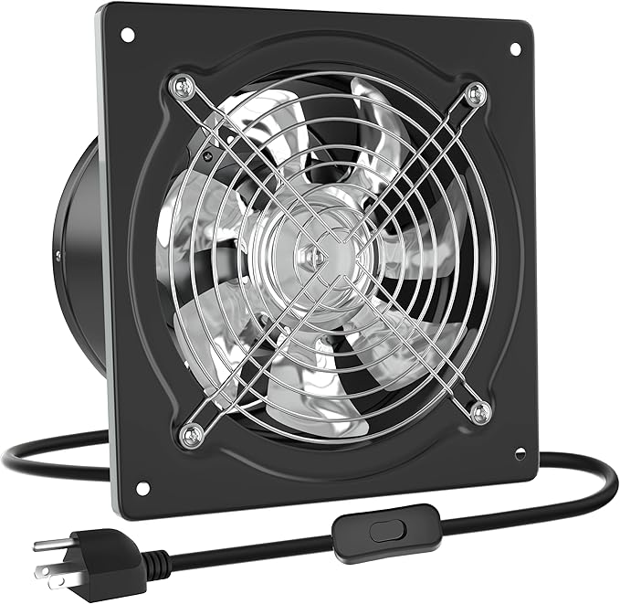HG Power 10 Inch Metal Exhaust Fan with Switch, 988 CFM Powerful Garage Exhaust Fan with Damper, Potable Wall Mount Fan Fume Extractor Ventilation Fan for Shop, Shed, Basement, Chicken Coop, Black