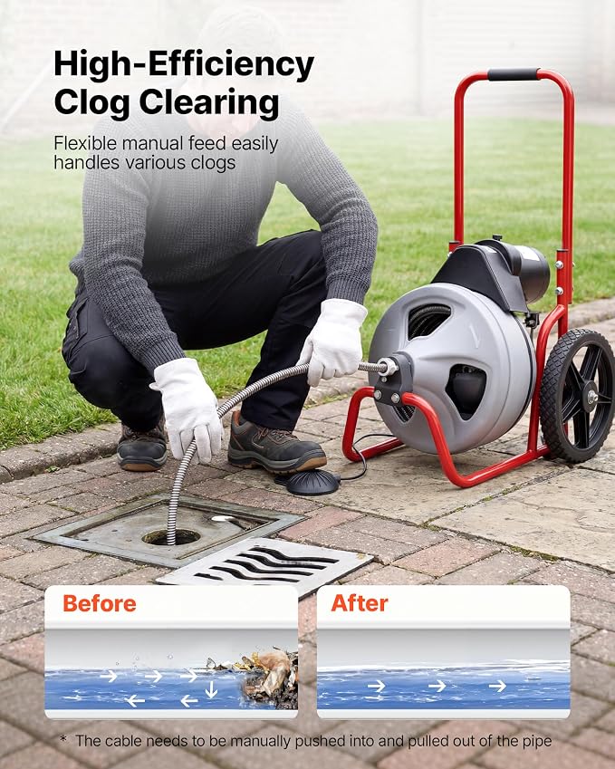 VEVOR Drain Cleaner Machine 75 FT x 3/8 Inch, Sewer Snake Auger Manual Feed on Wheels, Portable Drain Cleaning Machine with 6 Cutters & Air-activated Foot Switch for 2" to 4" Pipes
