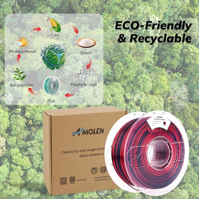 AMOLEN Silk PLA 3D Printer Filament, Shiny Multicolor Rainbow PLA 1.75mm for Creative & Decorative, Fast Color Change Printing Filament for Beginner, Black Red, 1kg (2.2lbs)