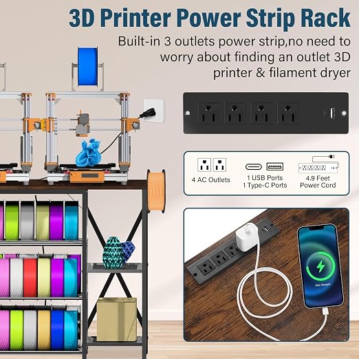 Upgrade Heavy Duty 3D Printer Table with Storage, Large 4-Tier 3D Printer Stand with Power Outlet & Drawer, Sturdy Wooden Desk & Metal Filament Rack for Workshop, Home Office(Brown)