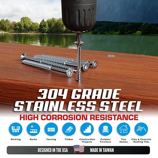 #10 x 3 Inch Stainless Steel Deck Screws | 304 Grade (1000 Pack) | Flat Head T25 Star Torx Drive | Stainless Steel Screws by Eagle Claw Fasteners | Corrosion & Rust Resistant (Includes Driver Bit)