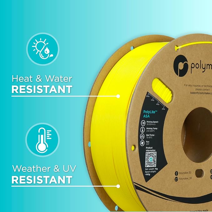 Polymaker ASA Filament 1.75mm Yellow, 1kg ASA 3D Printing Filament, Heat & Weather Resistant - ASA 3D Printer Filament Perfect for Printing Outdoor Functional Parts