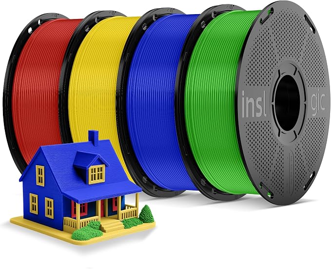 Inslogic Pre-Dried 4kg PLA Pro Filament Bundle, Strong & Tough PLA Pro 3D Printer Filament 1.75mm ±0.02mm, Reusable Spool, 4kg Total, 4×1kg (Red+Yellow+Blue+Green)