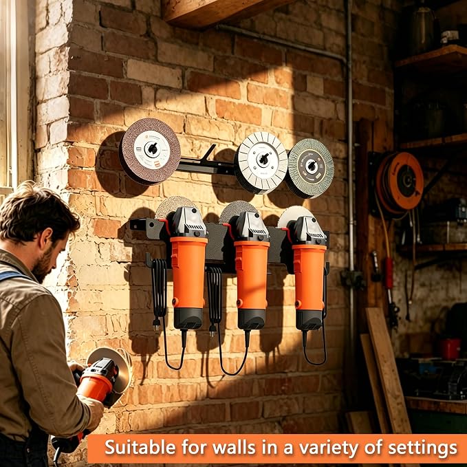 Angle Grinder Holder Wall Mount - Heavy Duty Tool Storage Rack for 5" Grinder, Impact Wrench & Polisher, with Cord Management Hooks & Disc Hooks, Ideal for Workshop & Garage Tool Organization