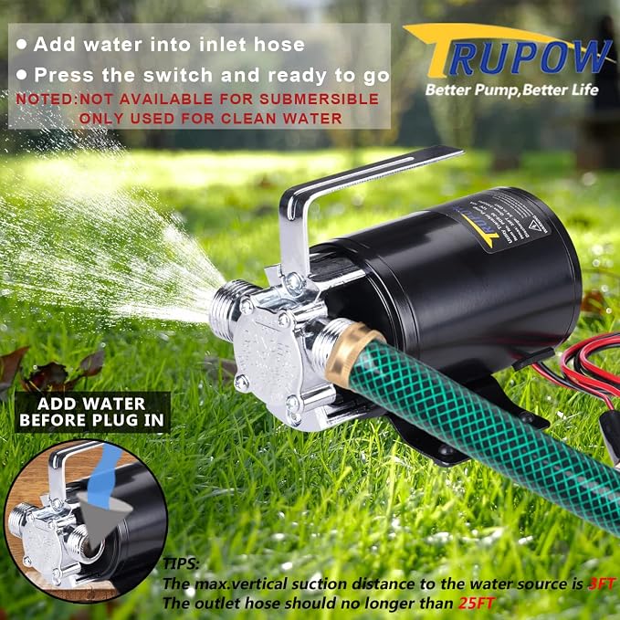 Trupow DC 12-Volt 1/10HP 330GPH Battery Powered Mini Portable Electric Utility Sump Transfer Water Pump with Water Hose Kit Black…