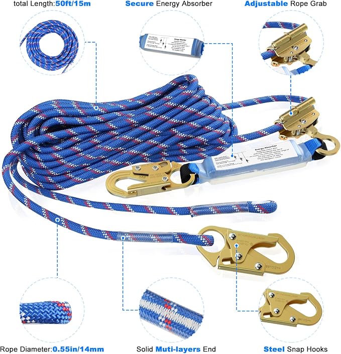 100FT Vertical Lifeline Assembly，Fall Protection Rope with Two Rope Grab Snap Hooks, Shock Absorber，Safety Climbing Equipment Roofing Safety Kit, CE ANSI