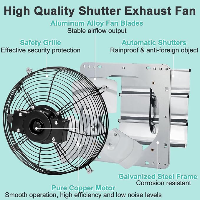 12 Inch Shutter Exhaust Fan, Wall Mount Attic Fan with Power Cord for Greenhouses, Sheds, Garages, Chicken Coops, Barns Ventilation, 970 CFM