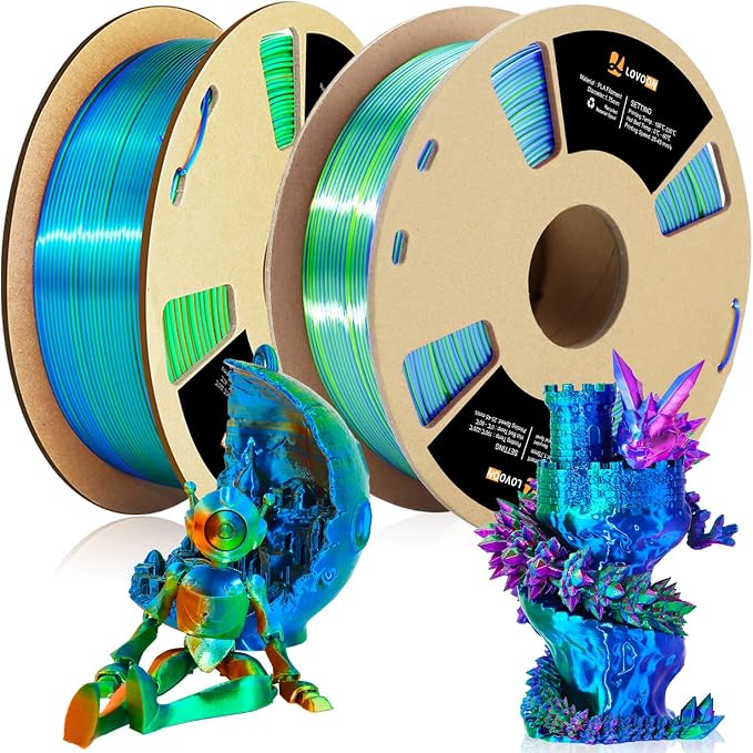 LOVOON Silk PLA 3D Printer Filament Bundle 2 KG, PLA Filament 1.75mm, Shiny Silk Tri Color Blue/Green/Red and Orange/Green/Blue, Color Change by Angle 3D Printer PLA Filaments, 1KG X 2 Spools