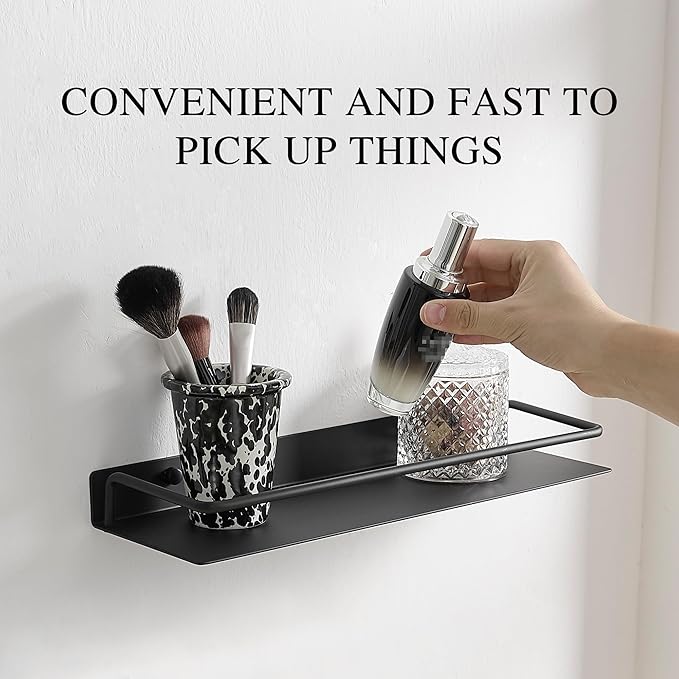 RFOUO 8 Inch Small Metal Wall Shelf with Guard Rail,Black,1 Pack | Small Bathroom Shelf, Wall Mounted, Aluminum Floating Shelf, For Toothbrush Perfume Spice,Bathroom Bedroom Kitchen