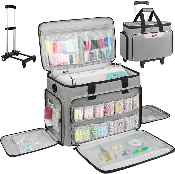 LEFOR·Z Rolling Sewing Machine Case with Wheels,Sewing Machine Carrying Bag,Trolley Tote Bag Fits for Most Standard Singer,Brother,Janome Sewing Machine and Accessories,Grey/Pink