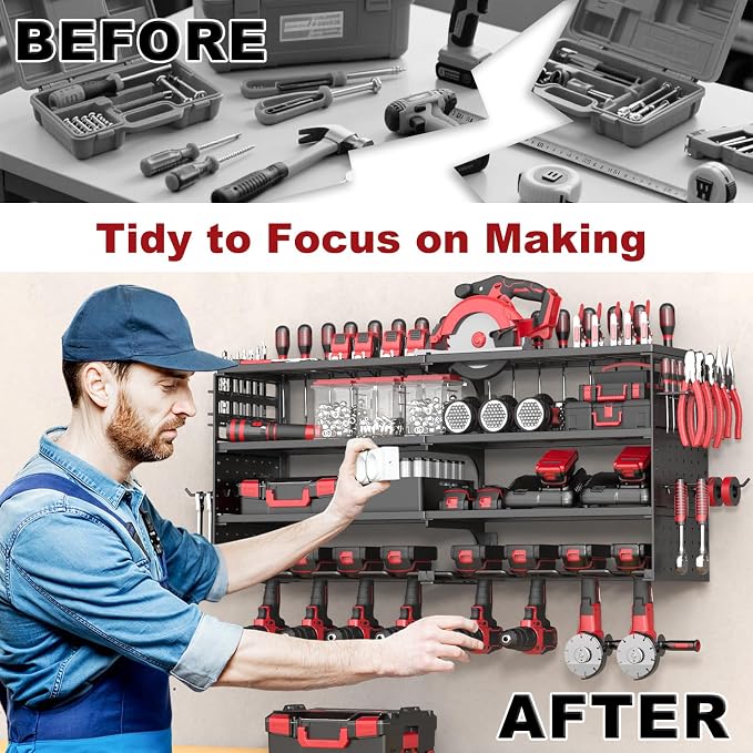 4 Tier Power Tool Organizer Wall Mount, 8 Cordless Tool Rack, 320LBS Heavy Duty Power Tool Storage Rack, Holds 50+ Tools with Side Pegboards for Garage Workshop Warehouse Organization