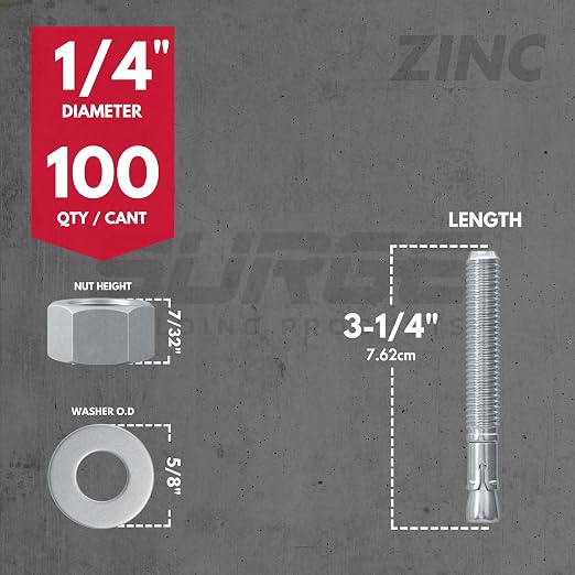 1/4" x 3-1/4" Zinc-Plated Wedge Anchors for Concrete and Cement | Heavy-Duty 1/4 Concrete Anchors (Box of 100)