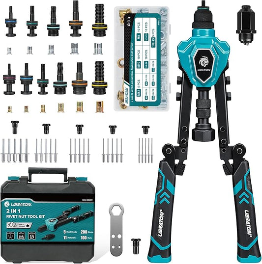 LIBRATON 2in1 Rivet Nut Tool and Rivet Gun Kit Folding, with 11 Mandrels (Metric & SAE) & 5 Nose Pieces (2.4-6.4mm), Includes 100 Nuts & 200 Pop Rivets, Folding Heavy Duty Hand Tool for DIY & Repair