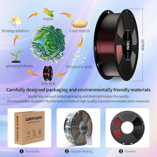 GIANTARM Tri-Colors Silk Pla Filament, 3D Printer Filament 1.75mm +/-0.02mm, 1Kg (2.2lbs) Spool, Vacuum Packaging (Red+Blue+Green)