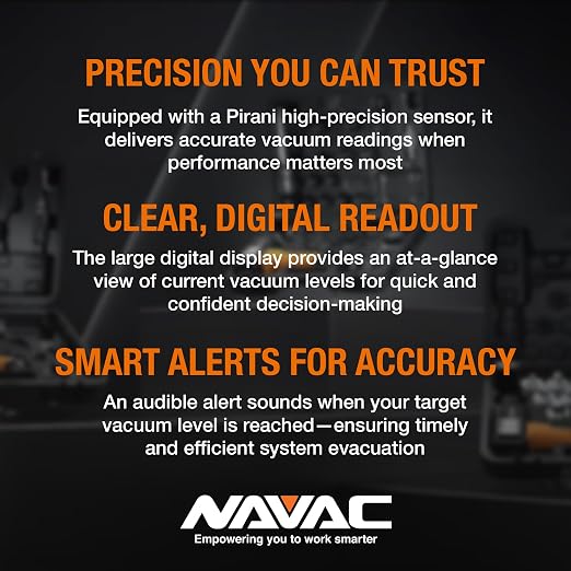NAVAC NMV1 Micron Vacuum Gauge - HVAC Digital Vacuum Gauge with Level Alarm and Leakage Warnings - Large Backlit Display