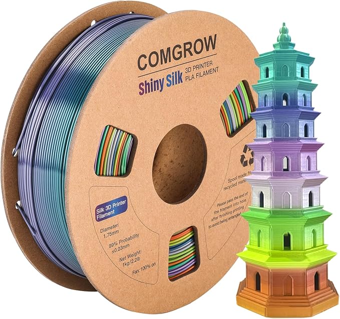 Comgrow Rainbow Colors Silk PLA 3D Printer Filament, PLA Filament 1.75mm, Dimensional Accuracy +/- 0.02 mm, 1KG Spool, Coextrusion 3D Filament with Shiny Silk Rainbow Yellow