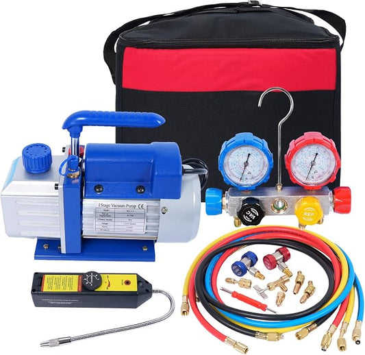 4-Way Valve AC Manifold Gauge Set Kit, 4CFM Single Stage 110V 1/3 HP HVAC Vacuum Pump with Leak Detector for R134a R410a R12 R22 Air Conditioning Refrigeration Recharging