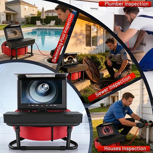 Sewer Camera Self-Leveling,100FT/30M Pipe Drain Inspection Camera with 7" 1080P HD Screen, Snake Plumbing Cameras with 9 LED Lights, IP68, 32GB Card, DVR Recording, for Duct Sewer Line Pipe Inspection