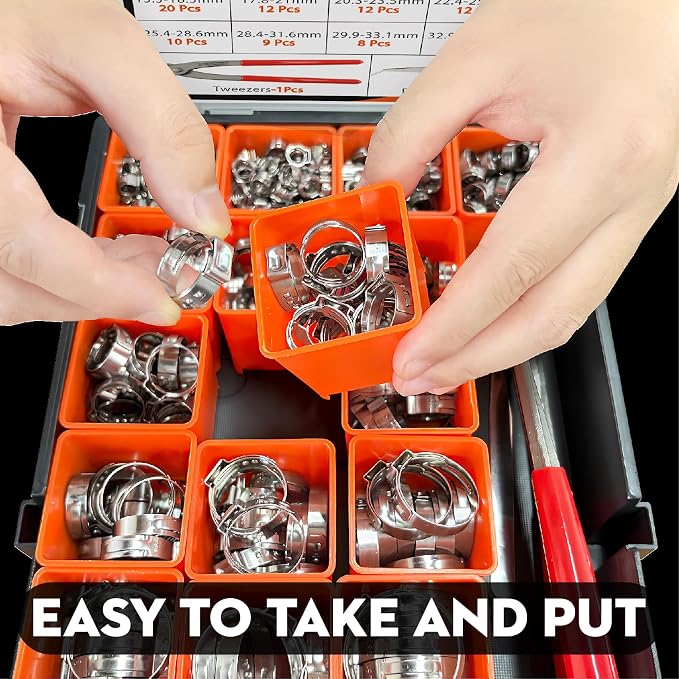 360Pcs 304 Stainless Single Ear Hose Clamp Kit with Pliers for PEX & Auto | 16 Size Leak-Proof Oetiker Style Crimp Clamps,Rustproof 304 SS for Fuel Lines, Marine & Home Plumbing,Stop Leaks Forever