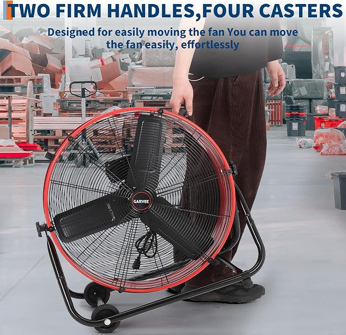 Garvee Industrial Floor Fan 24 in, Heavy Duty Drum Fan with Adjustable 3 Speed 4800-8800 CFM Cooling, Metal Blades & 360° Rotation for Industrial Commercial Space, Garage, Warehouse, Workshop