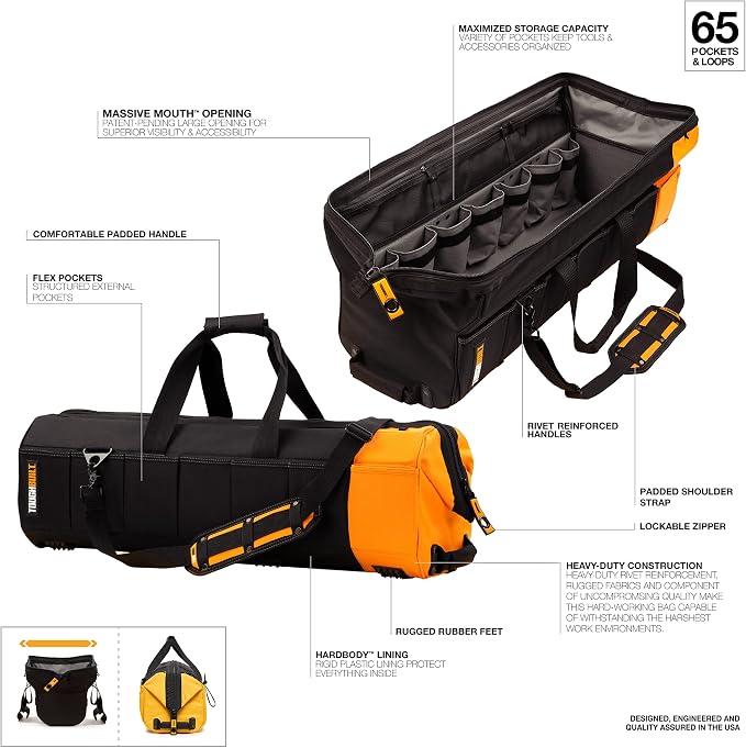 ToughBuilt – Massive Mouth Tool Bag, Heavy-Duty Fabric Wide-Mouth Bag with Rigid Frame, Waterproof Hard Base & Reinforced Handles