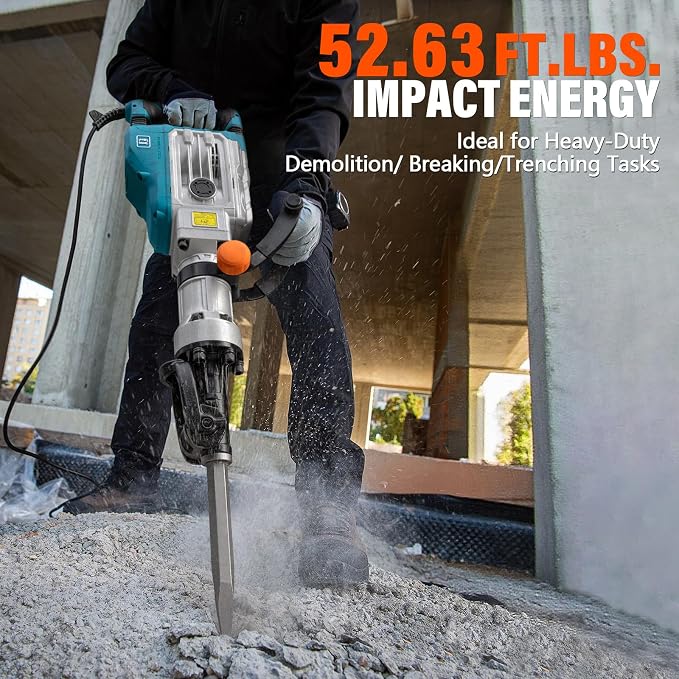 Berserker 1700W 40-Pound Demolition Jack Hammer 127FD with 1-1/8" Hex,14Amp | Heavy duty Corded Electric Concrete/Pavement Breaker with Vibration Control, Trigger Lock, Wheeled Carrying Case & 2 Chisels