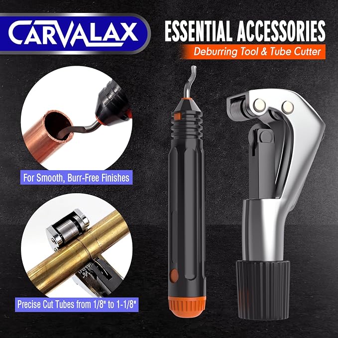 CARVALAX 45° Precision Eccentric Flaring Kit，Metric/Imperial Clamps (2 Clamps) for 6-19mm & 1/4"-3/4" Pipes, Includes Cutter, Deburring Tool & Hard Case for HVAC & Refrigeration Repair