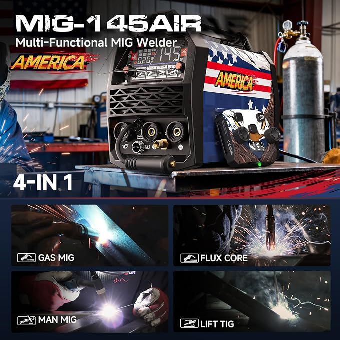ANDELI 4-in-1 MIG Welder,2.4GHz Wireless Remote Control,Gas MIG/Lift TIG/Stick 145A Welding Machine,110V/220V Gas & Gasless Flux Core With Synergy,IGBT Inverter Portable,Bonus Welding Helmet & Gloves | 4-in-1 MIG Welder ,2.4GHz Wireless Remote Control