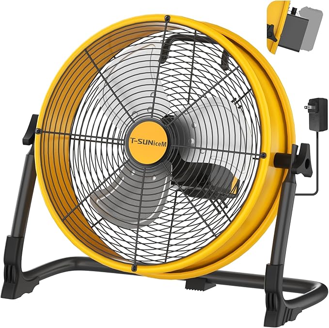 12" Battery Operated Floor Fan Compatible with Dewalt 20V Max Battery, Portable Fan with AC Adapter and USB Output, Metal Industrial High Velocity, Stepless Speed Cordless Fan for Jobsite Garage