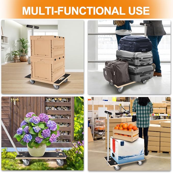 Heavy Duty Rectangle Wood Platform Dolly with Handle - 441-Lb Cap. | 3" TPR Wheels, Multifunctional Furniture & Plant Mover for Transporting Heavy Items