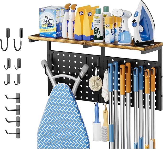 VINAEMO Wall Mounted Ironing Board Hanger with Pegboard and Yoga Mat Holder