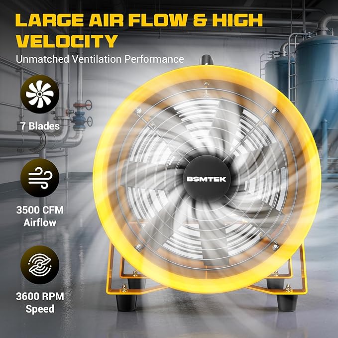 12 Inch High-Portable Exhaust Fan, 3500CFM 550W with 40FT Duct Hose, Low-Noise Industrial Portable Ventilator Blower for Basements, Workshops, Warehouses, Confined Spaces
