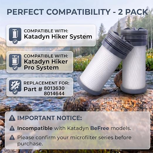 2-Pack Replacement Water Filter Cartridges Compatible with Katadyn Hiker/Hiker Pro Series, 400 Gallons Total Capacity for Taste Improvement, Outdoor Camping Backpacking
