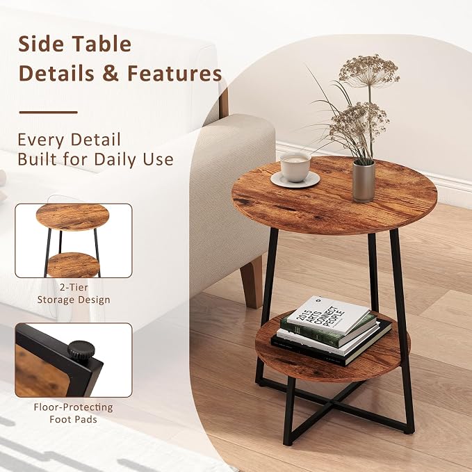 Round End Table - 23.6" H Side Table with Metal Frame, Industrial Accent Tables for Living Room Bedroom, Rustic Brown (1 Pack)