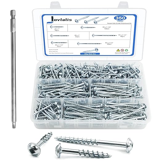 350 PCS Pocket Hole Screws Assortment Kit, 5 Sizes #8 x 1, 1-1/4", 1-1/2", 2", 2-1/2",Square Drive Self Tapping Coarse Thread Wood Screws Set, Zinc Coated, Drive Bit Included Suitable for Indoor