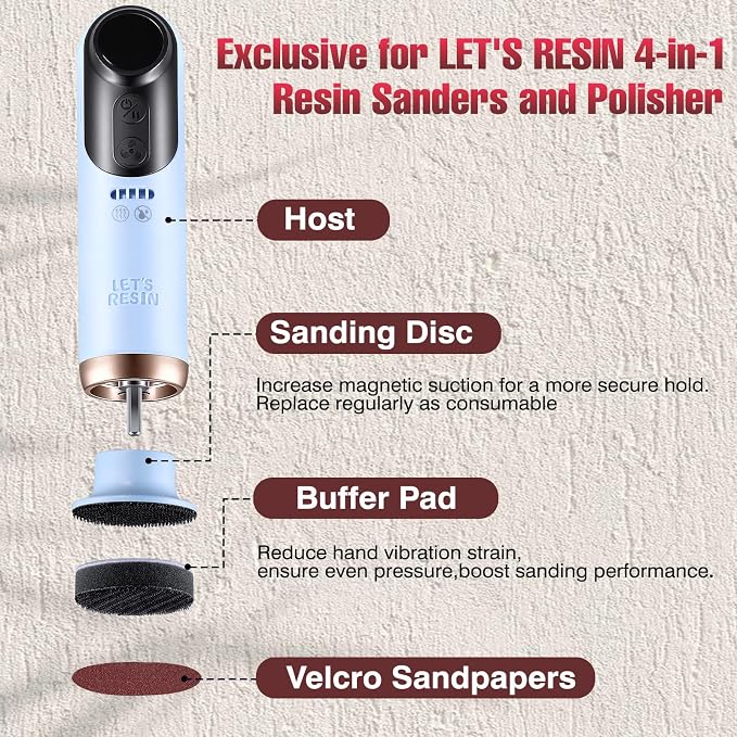 LET'S RESIN LRP-2393 4-in-1 Resin Sander Accessory Kit - 203pcs 2 Inch Hook & Loop Sandpapers, Sanding Disc & 2*Buffing Pads (60/80/100/180/320/600/1000/1500/2000/5000) for Resin Crafts