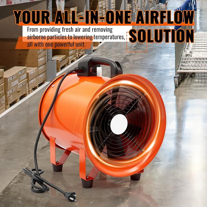 dreamdragon 12-Inch Utility Blower Fan with 25ft Duct – 3300 RPM High Airflow, Low-Noise 69dB, Portable Industrial Ventilator for Crawl Space, Workshop, Basement Drying & Exhaust