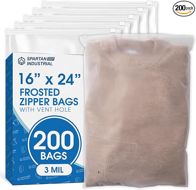 Spartan Industrial - 16" X 24" (200 Count) 3 Mil Frosted Zipper Bags With Vent Hole - Extra Large Plastic Bags for Packaging Multiple Jackets, Linens, Wigs
