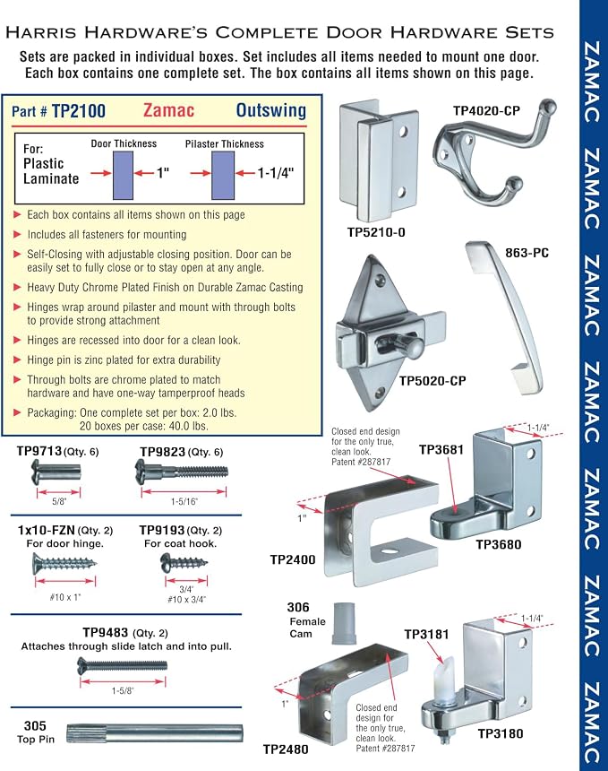 Harris Hardware TP2100 Toilet Partition Die Cast Zamac Complete Outswing Door Hardware Set, 1 in. Door 1-1/4 in. Pilaster