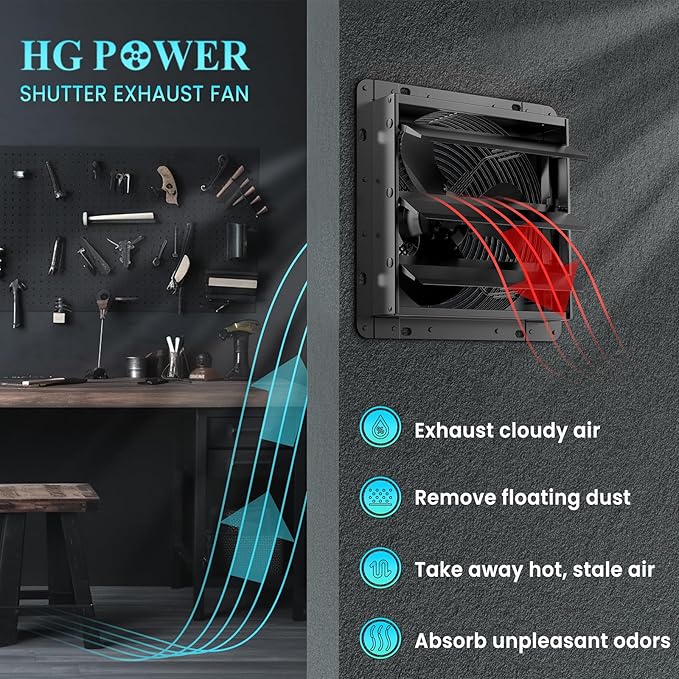 HG Power Upgraded 12 Inch Shutter Exhaust Fan with Speed Controller, 764CFM High-Speed Vent Fan, 1400RPM Wall Mounted Attic Fan for Shed, Garage, Greenhouse Ventilation, Black