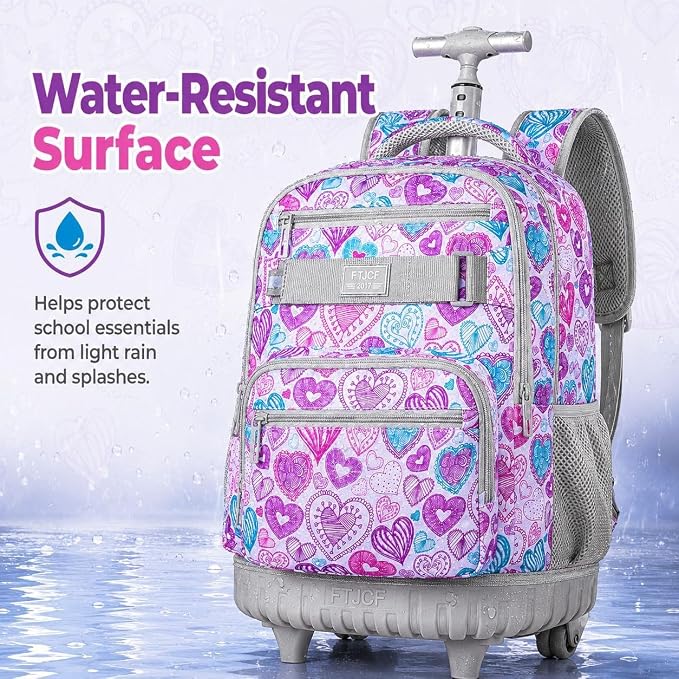 3Pcs Rolling Backpack for Girls Women, Travel Roller Backpacks with Wheels for Adults, Teens College Love Wheeled Bookbag with Lunch Box(Ash Powder)
