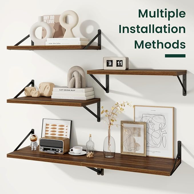 Floating Shelves 12 Inch Deep, 24W x 12D Wall Shelf Set of 2, 50 lbs Heavy Duty Reversible Metal Brackets, Deep Industrial Book Shelf for Living Room Kitchen Bath Bedroom Coffee Bar, Walnut