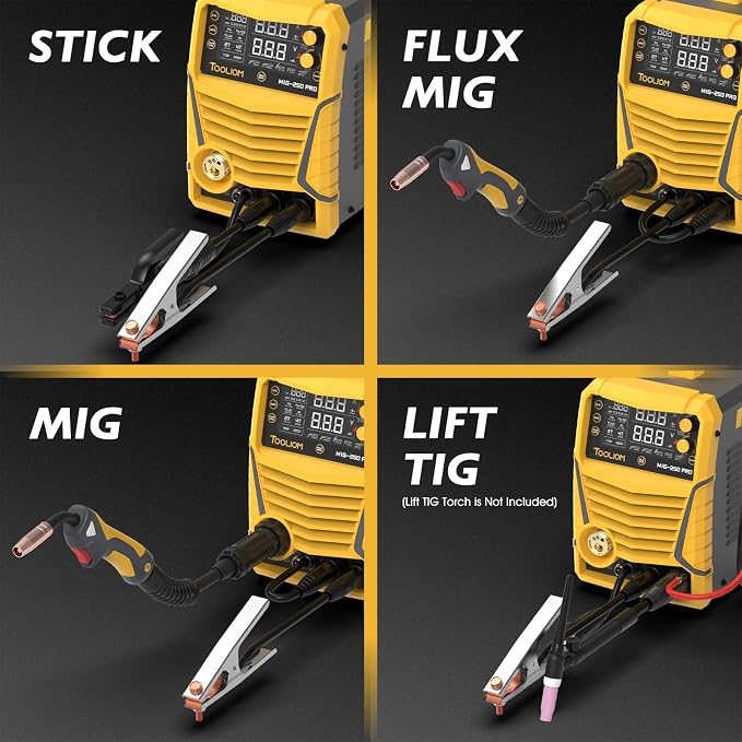 TOOLIOM Aluminum MIG Welder with Pulse 250A 110V/220V Dual Voltage 6 in 1 Multifunctional Welding Machine Pulsed MIG/Gas MIG/Flux Core/Spool Gun MIG/Lift TIG/Stick